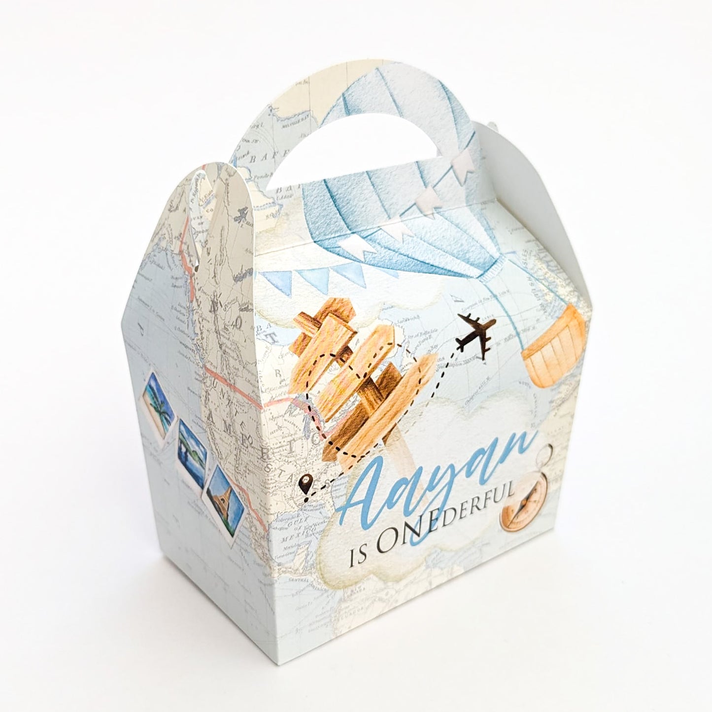 TRAVEL Vintage Map Plane Holiday Personalised Children’s Party Box Gift Bag Favour
