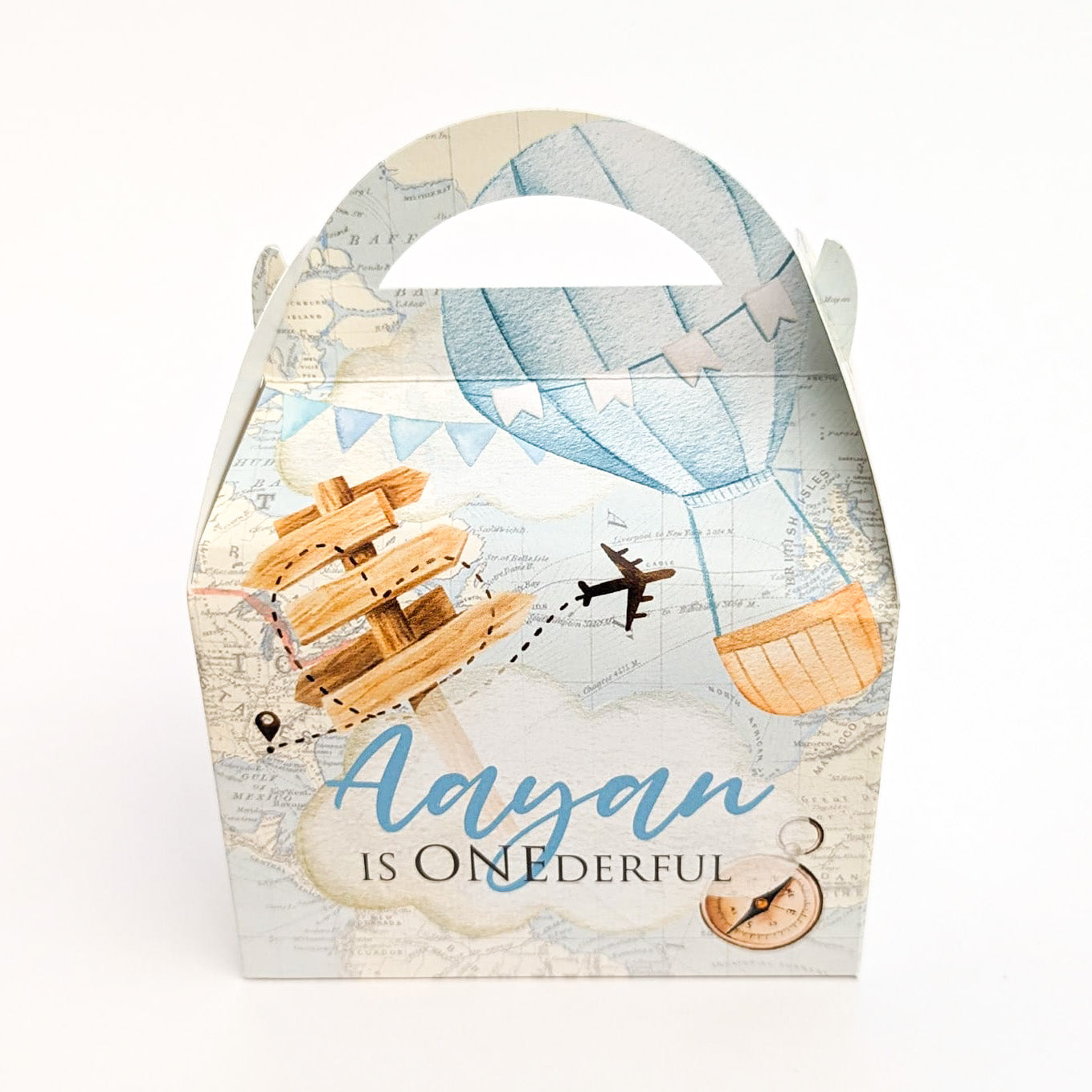 TRAVEL Vintage Map Plane Holiday Personalised Children’s Party Box Gift Bag Favour