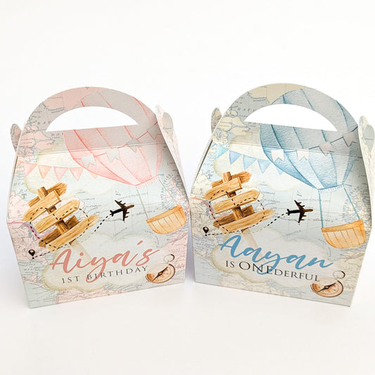 TRAVEL Vintage Map Plane Holiday Personalised Children’s Party Box Gift Bag Favour