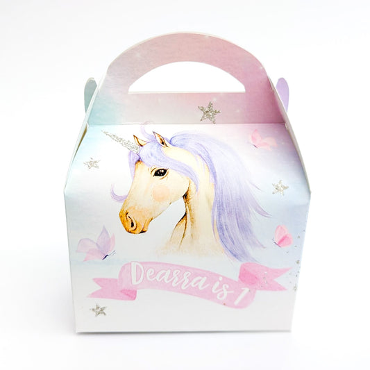 UNICORN Fantasy Watercolour Personalised Children’s Party Box Gift Bag Favour