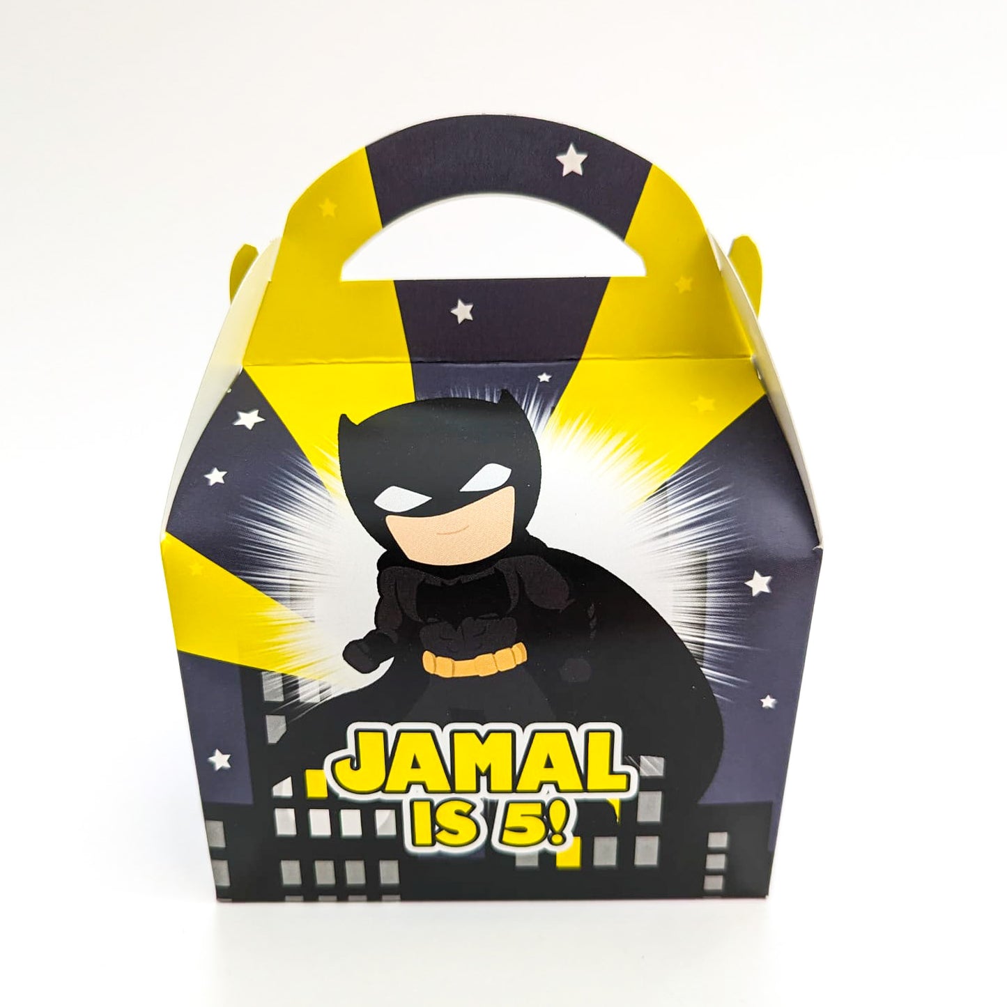 SUPERHERO Batman inspired boys Personalised Children’s Party Box Gift Bag Favour