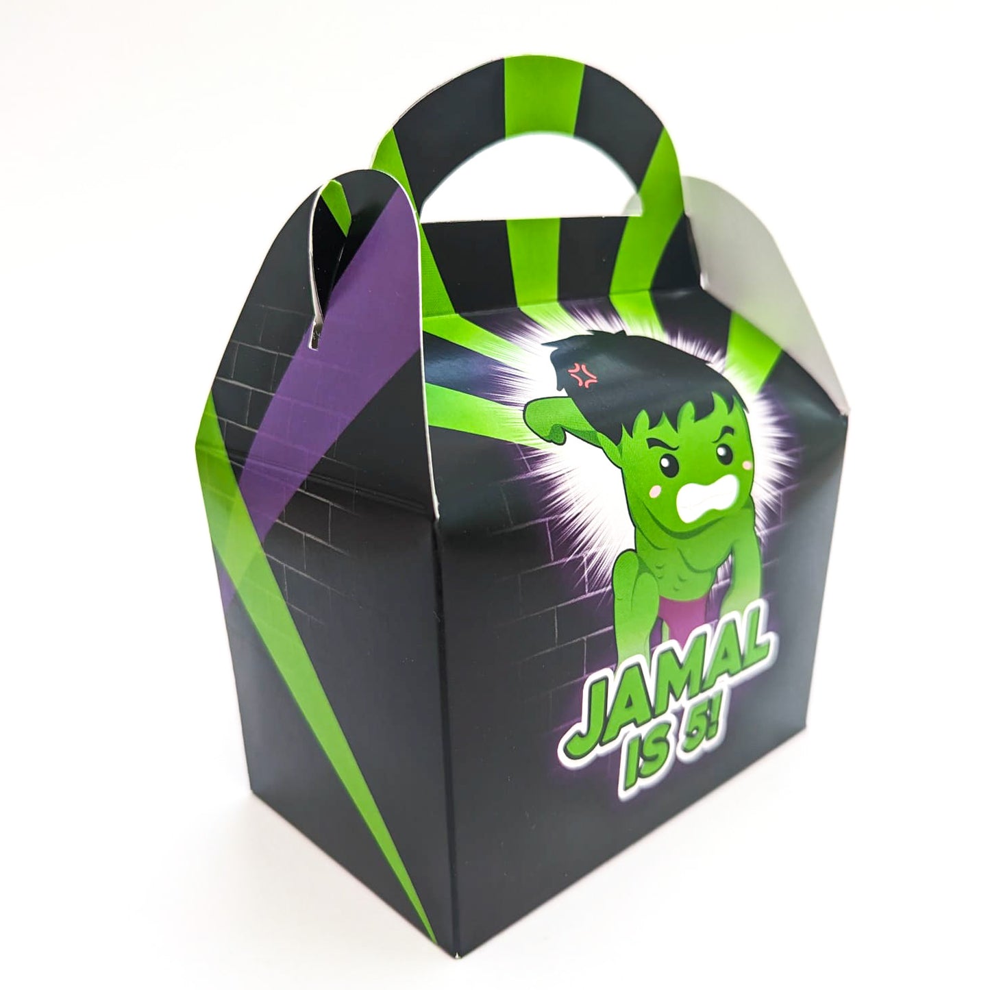 SUPERHERO Hulk inspired boys Personalised Children’s Party Box Gift Bag Favour