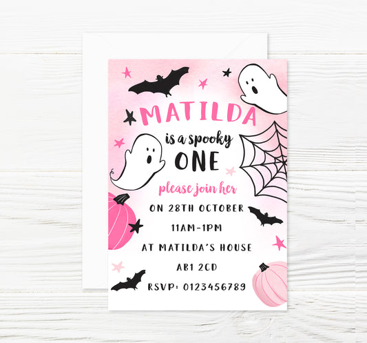 Personalised Cute Pink Halloween Party Invitations and Envelopes x 8