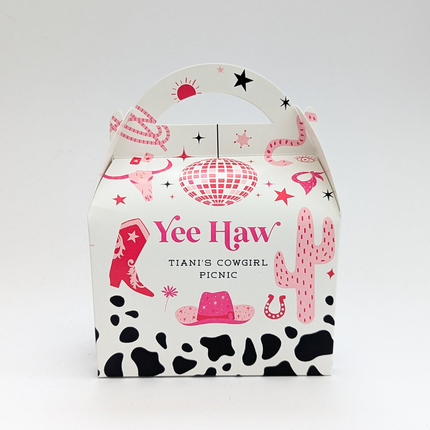 PINK Cowgirl Cowboy disco last rodeo personalised party treat boxes