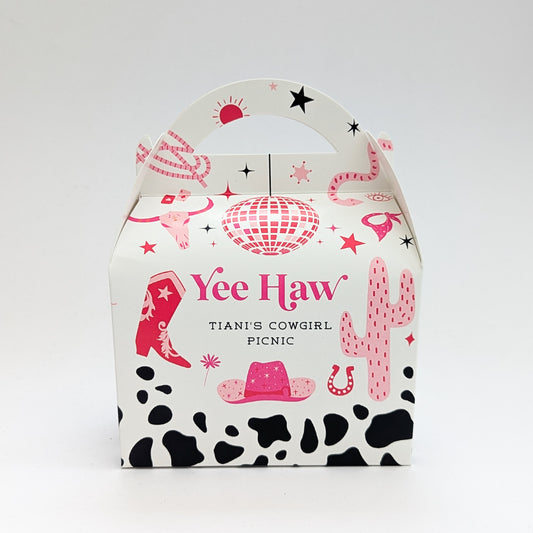 PINK Cowgirl Cowboy disco last rodeo personalised party treat boxes