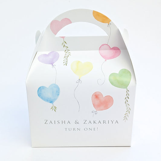 RAINBOW HEARTS Balloond Unisex Personalised Children’s Party Box Gift Bag Favour