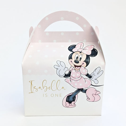 Minnie Mouse Watercolour Pink Personalised Children’s Party Box Gift Bag Favour