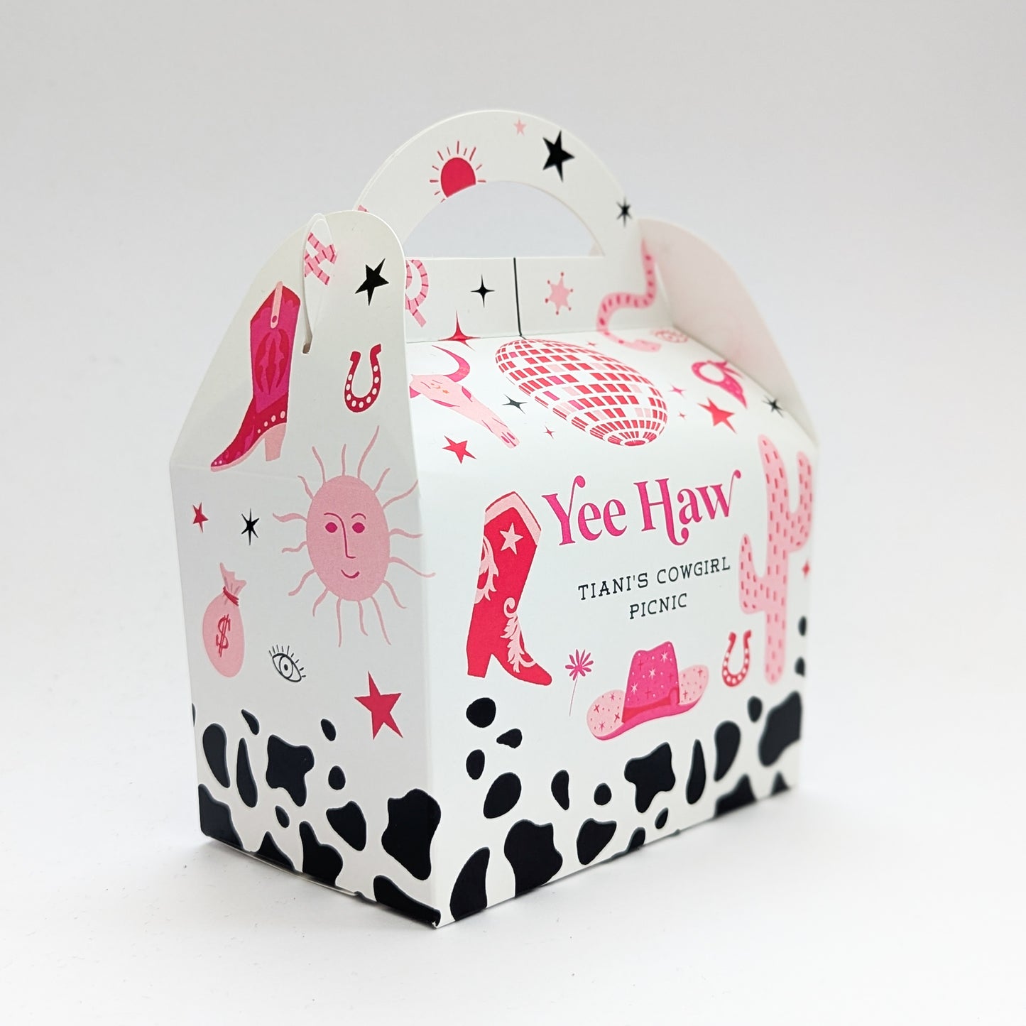 PINK Cowgirl Cowboy disco last rodeo personalised party treat boxes