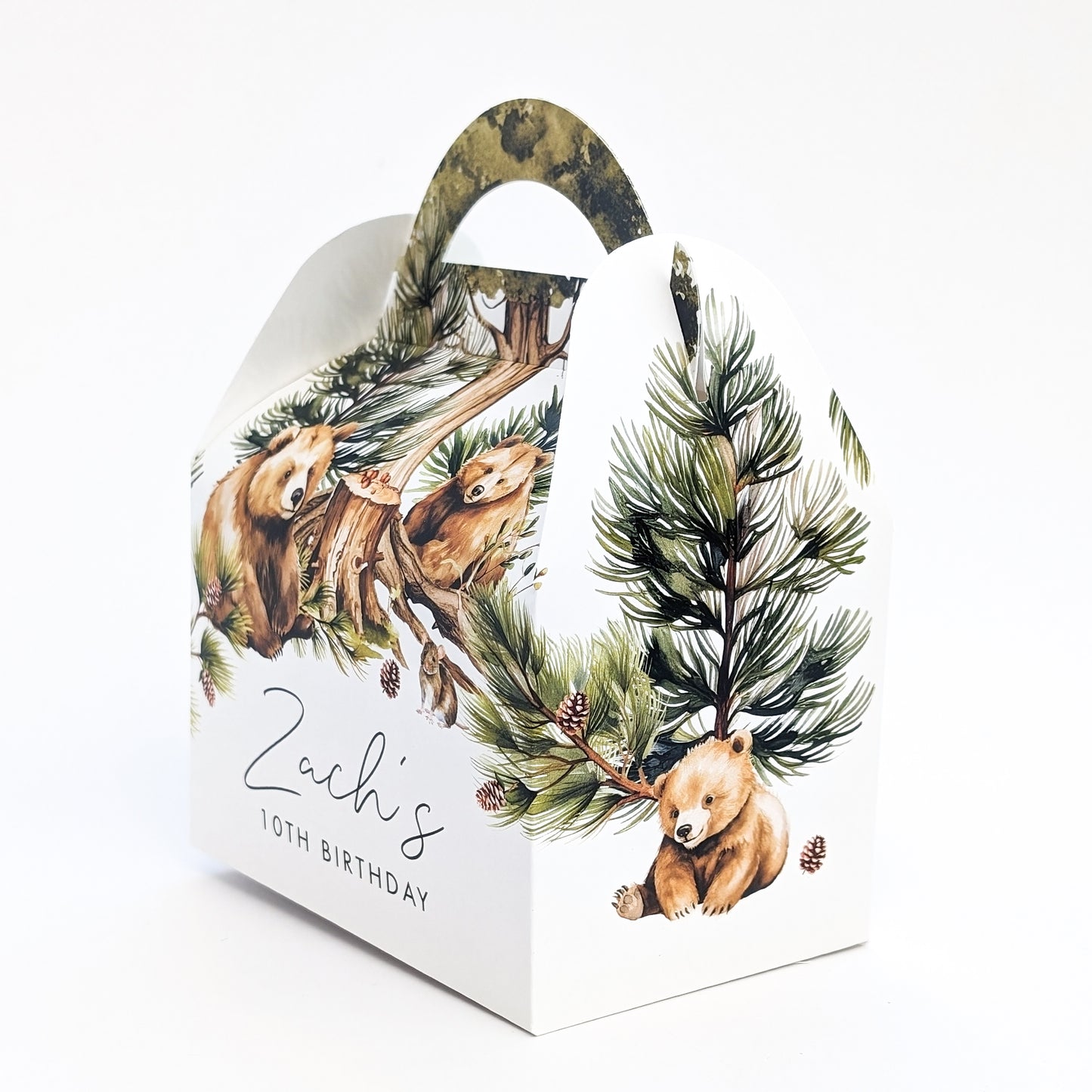 WOODLAND BEARS Watercolour Personalised Children’s Party Box Gift Bag Favour