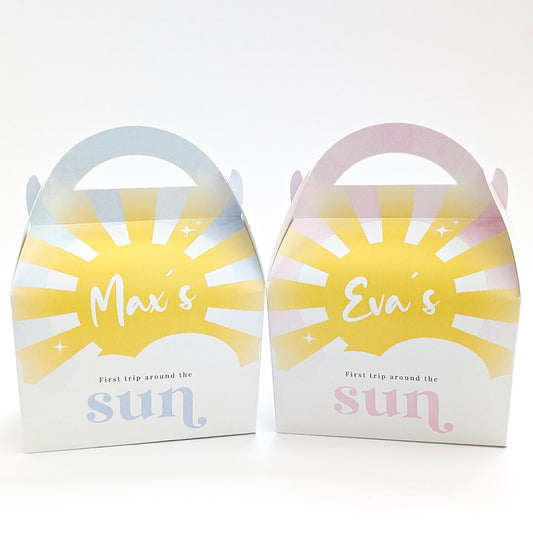 FIRST TRIP AROUND THE SUN Pastel Sunshine Personalised Children’s Party Box Gift Bag Favour