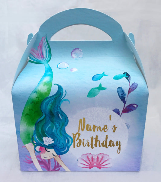 MERMAIDS Watercolour Personalised Children’s Party Box Gift Bag Favour