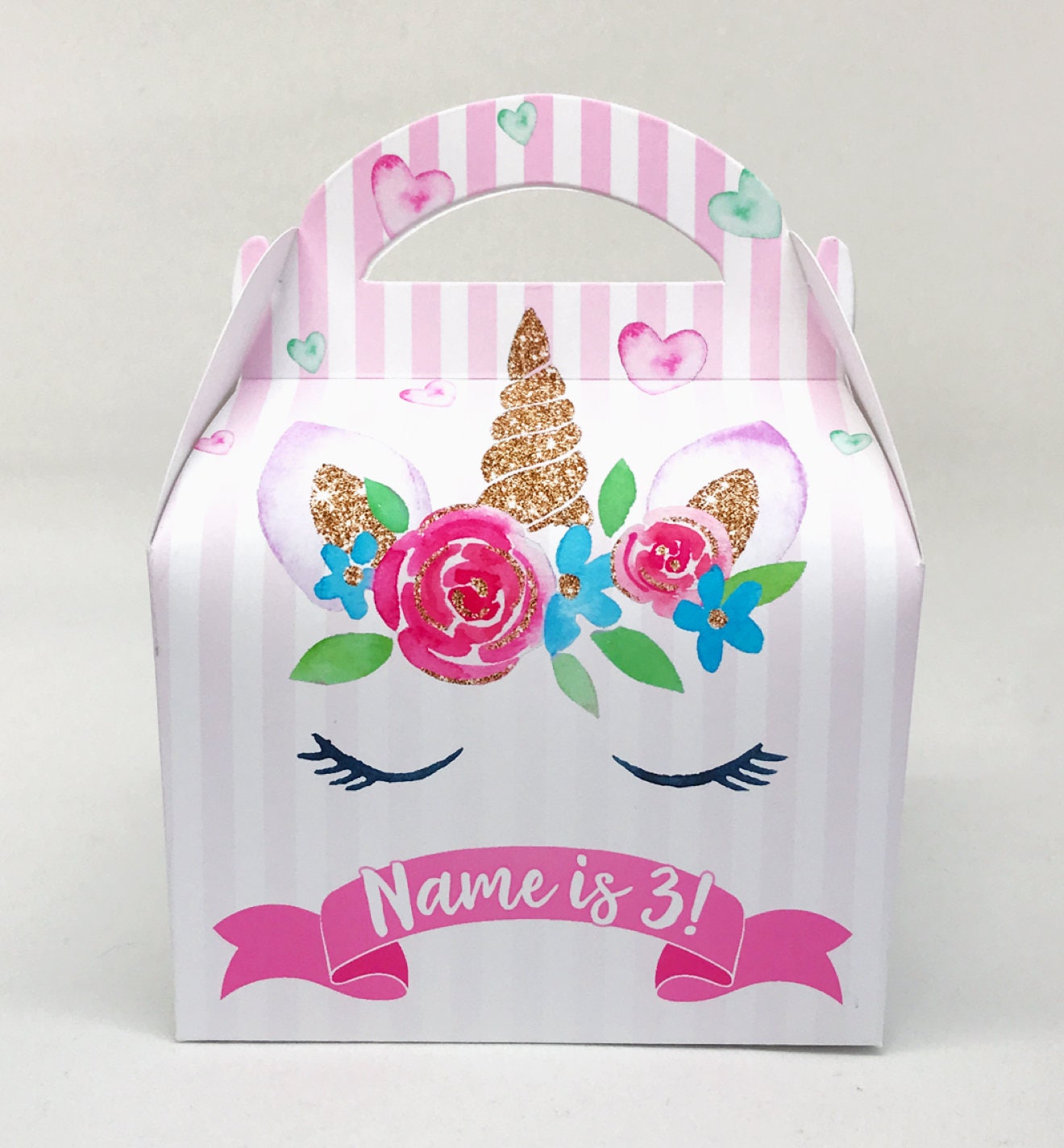 UNICORN Eyes Floral Watercolour Personalised Children’s Party Box Gift Bag Favour