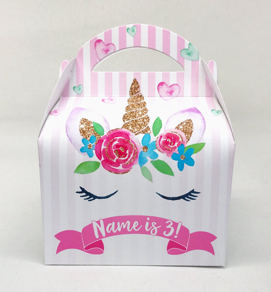 UNICORN Eyes  Floral Watercolour Personalised Children’s Party Box Gift Bag Favour