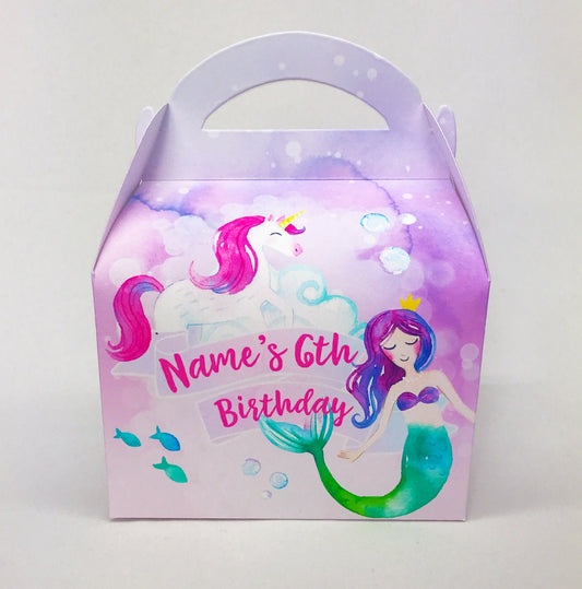 Mermaids and Unicorns Fantasy Watercolour Personalised Children’s Party Box Gift Bag Favour