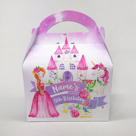 Princesses and Unicorns Watercolour Personalised Children’s Party Box Gift Bag Favour