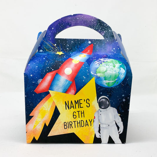 SPACE Astronauts rockets galaxy Personalised Children’s Party Box Gift Bag Favour