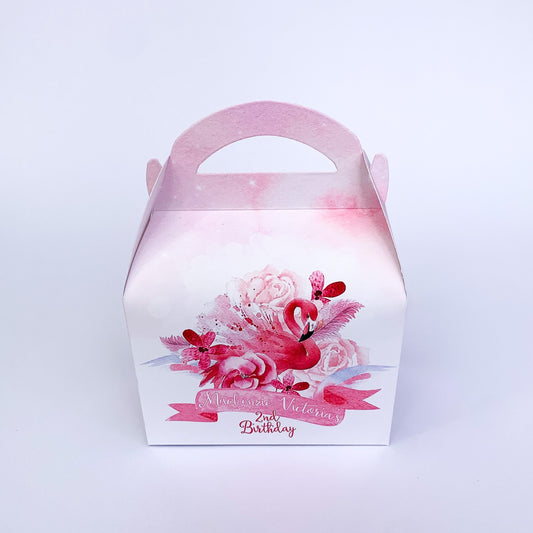 Watercolour floral flamingos Personalised Children’s Party Box Gift Bag Favour