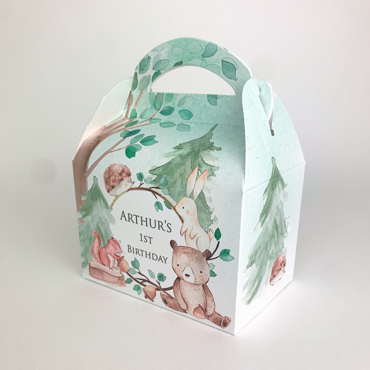 WOODLAND Animals Watercolour Personalised Children’s Party Box Gift Bag Favour
