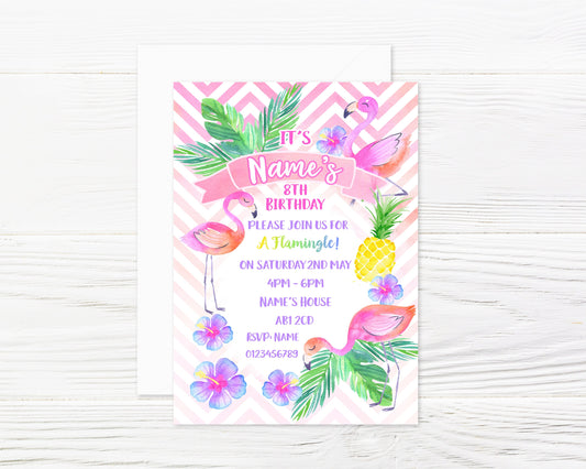 Personalised Tropical Watercolour Flamingo Party Invitations and Envelopes x 8