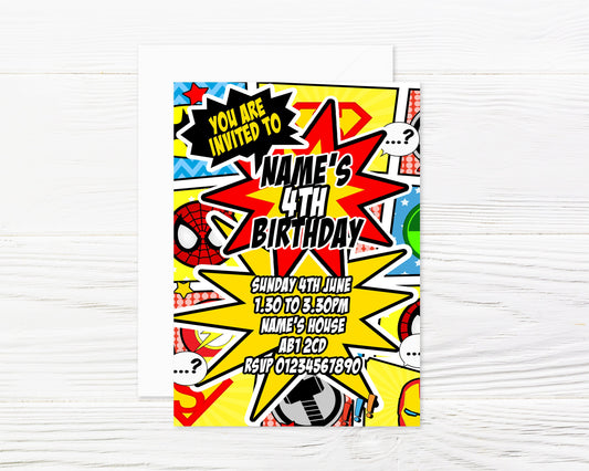 Personalised Superhero Party Invitations and Matching Envelopes x 8