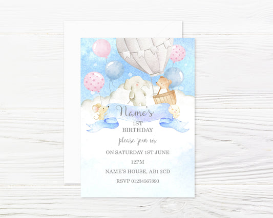 Personalised Clouds and Baloons Watercolour Flamingo Party Invitations and Envelopes x 8