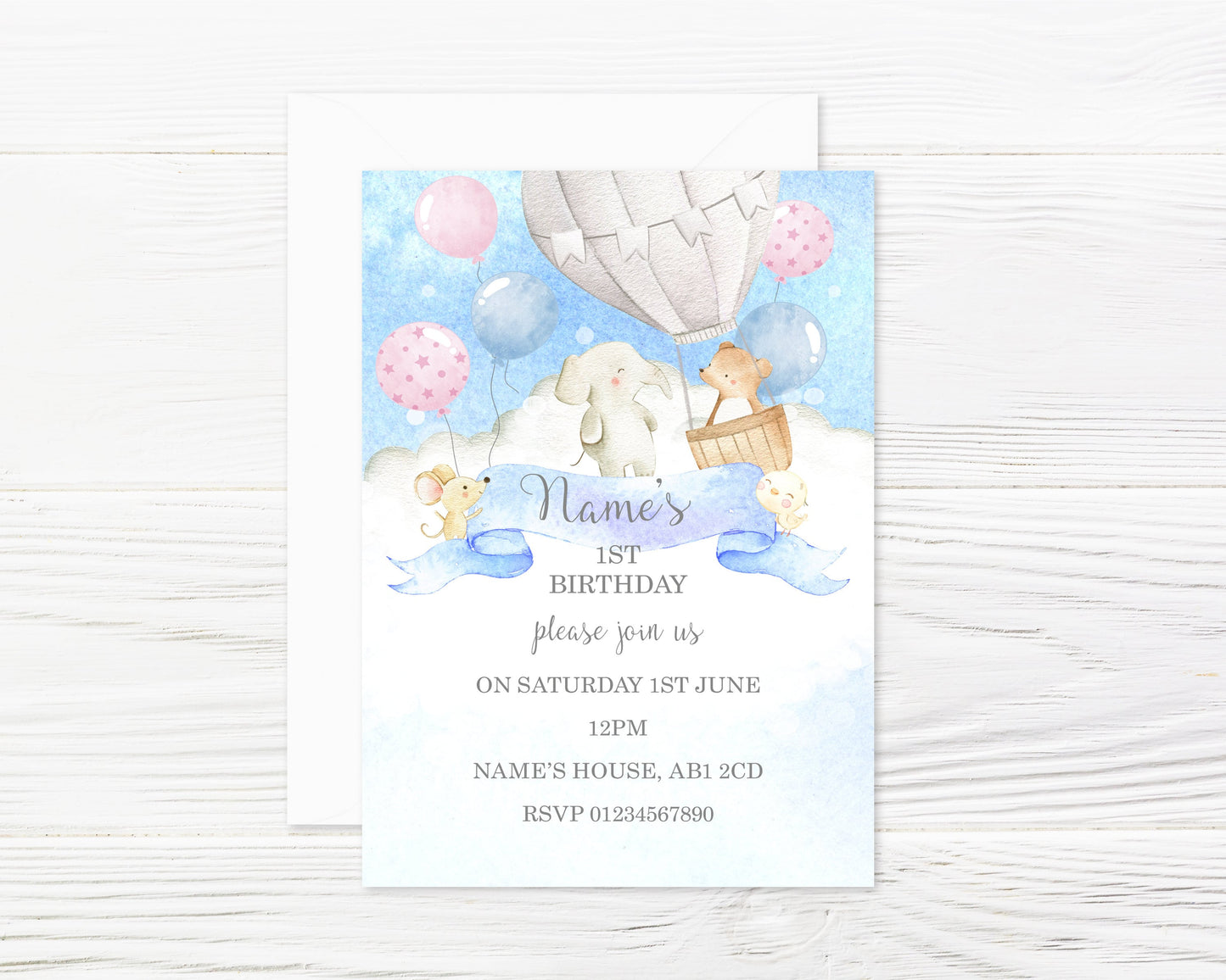 Personalised Clouds and Baloons Watercolour Flamingo Party Invitations and Envelopes x 8