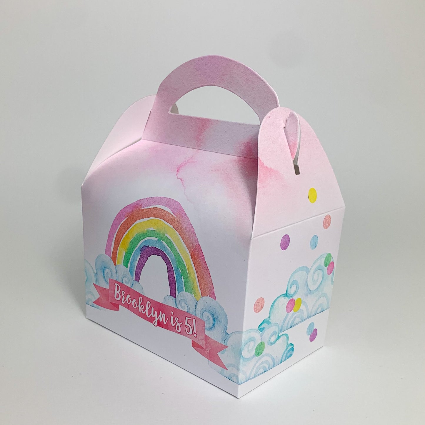 Rainbow watercolour Personalised Children’s Party Box Gift Bag Favour