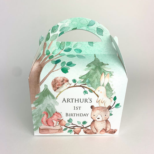 WOODLAND Animals Watercolour Personalised Children’s Party Box Gift Bag Favour
