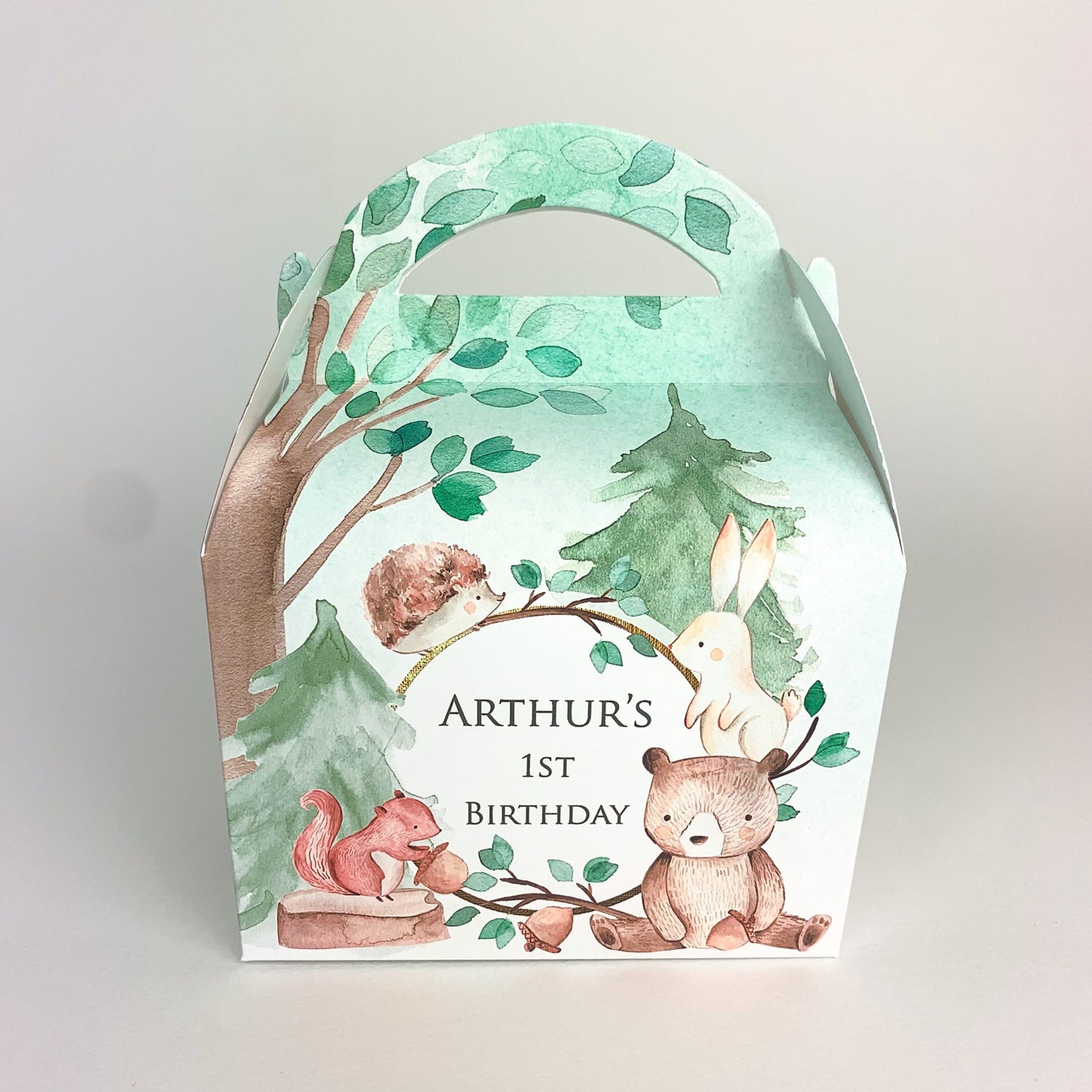 WOODLAND Animals Watercolour Personalised Children’s Party Box Gift Bag Favour