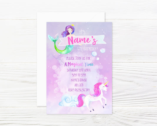 Personalised Watercolour Mermaids and Unicorns Party Invitations and Envelopes x 8