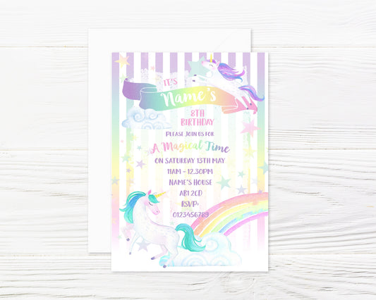 Personalised Watercolour Unicorns Party Invitations and Matching Envelopes x 8