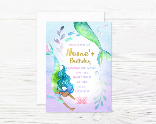 Personalised Watercolour Mermaids Party Invitations and Matching Envelopes x 8