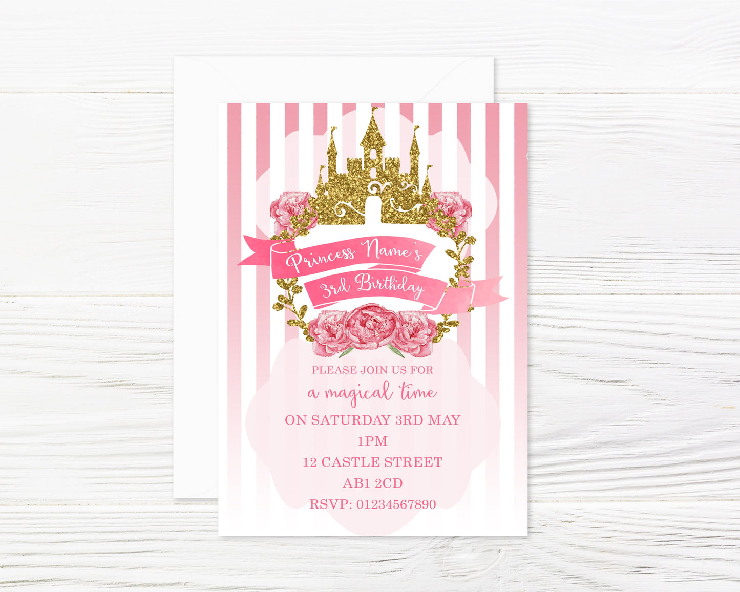 Personalised Princess Party Invitations and Envelopes x 8