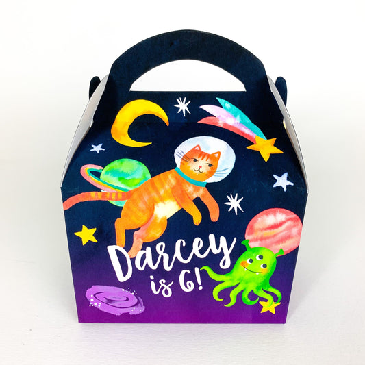 Personalised  Space Cats Astronauts Children’s Party Box Gift Bag Favour