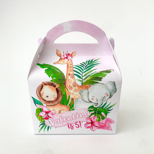 Pink safari jungle animals Personalised Children’s Party Box Gift Bag Favour