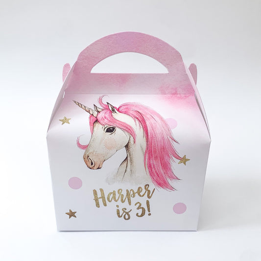 Unicorns pink and gold Fantasy Watercolour Personalised Children’s Party Box Gift Bag Favour