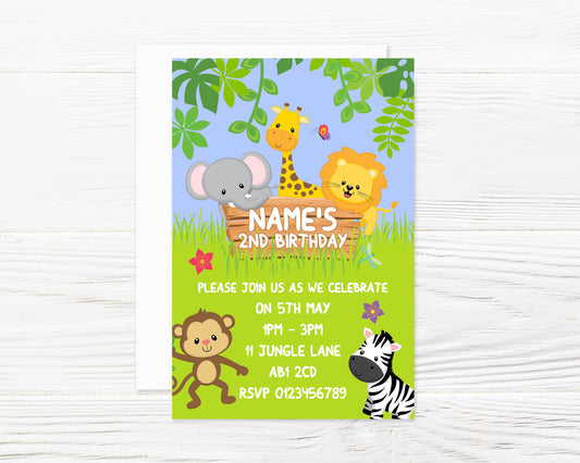 Personalised jungle party Invitations and Envelopes x 8