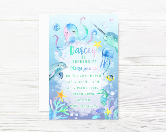 Personalised Sea Life Ocean Underwater Party Invitations and Envelopes x 8