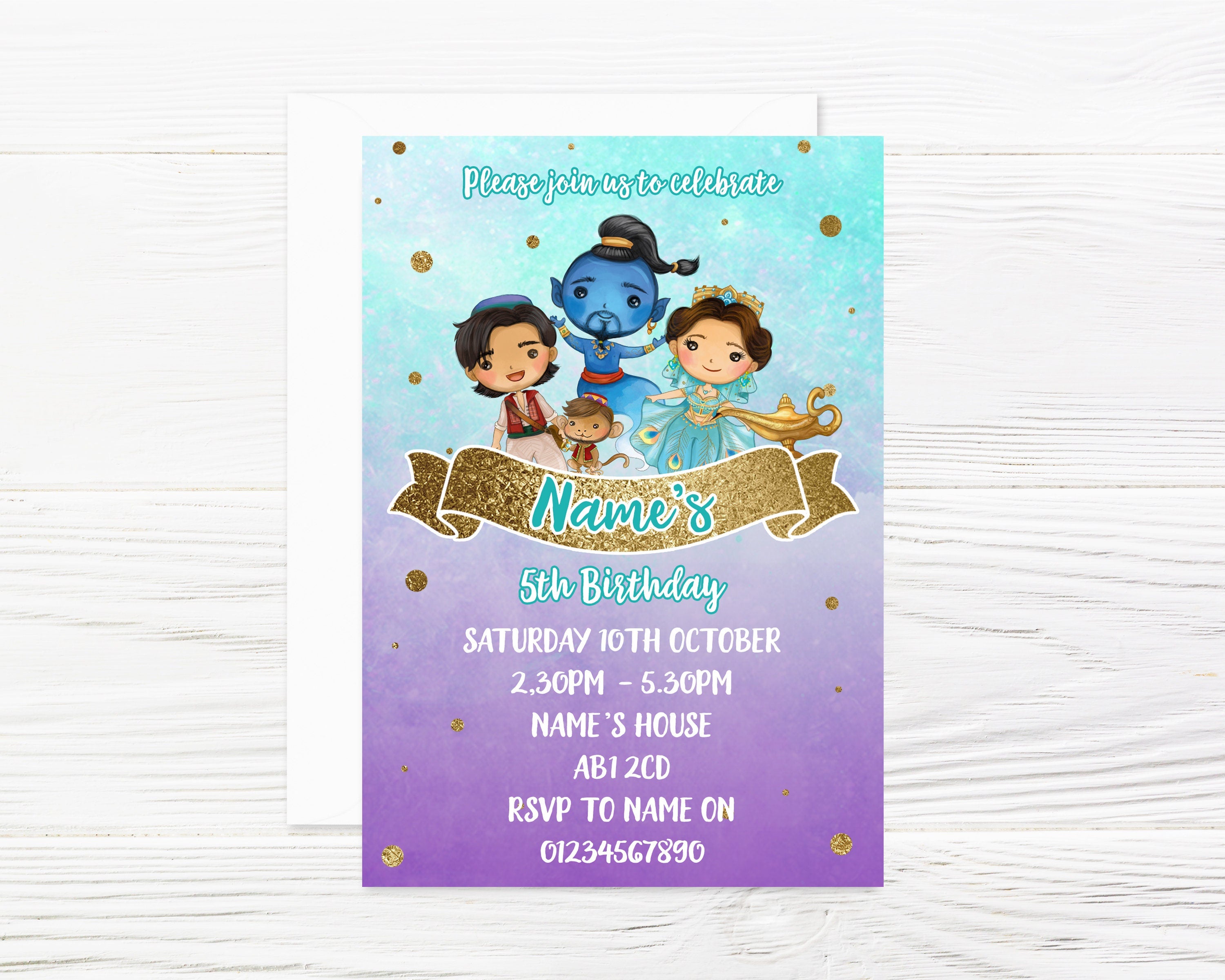 Personalised Aladdin inspired Arabian princess genie Party Invitations