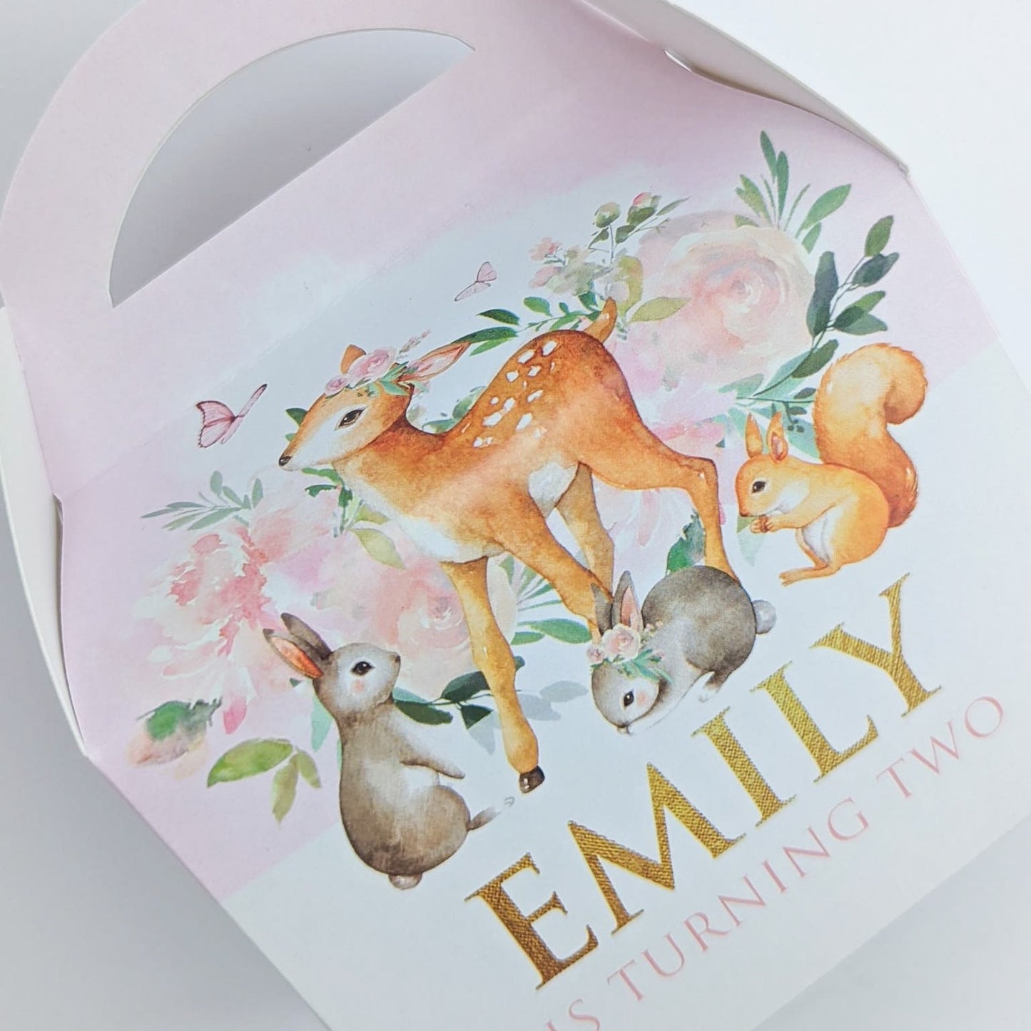 WOODLAND Forest Friends Floral animals Personalised Children’s Party Box Gift Bag Favour