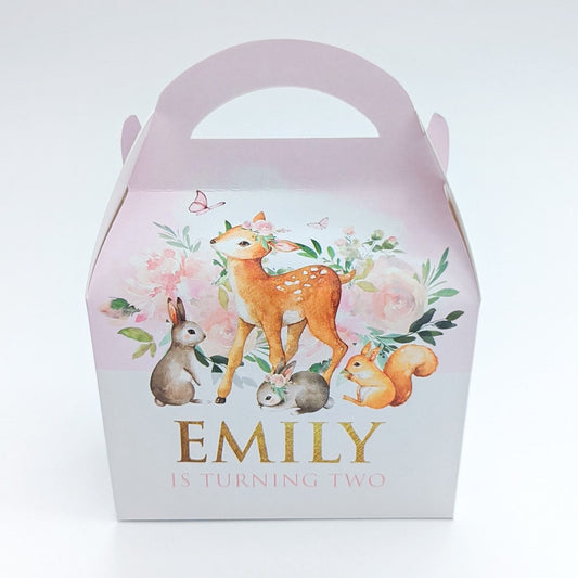 WOODLAND Forest Friends Floral animals Personalised Children’s Party Box Gift Bag Favour