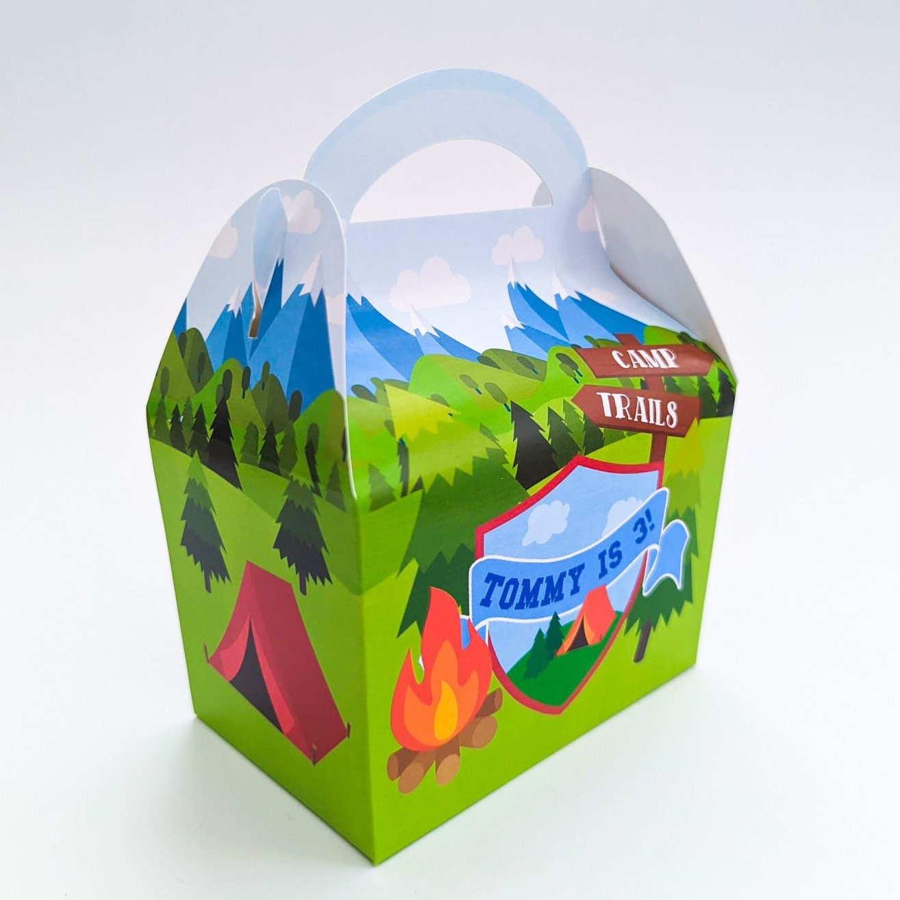 Vintage American Camp Camping Woodland Nature Personalised Children’s Party Box Gift Bag Favour