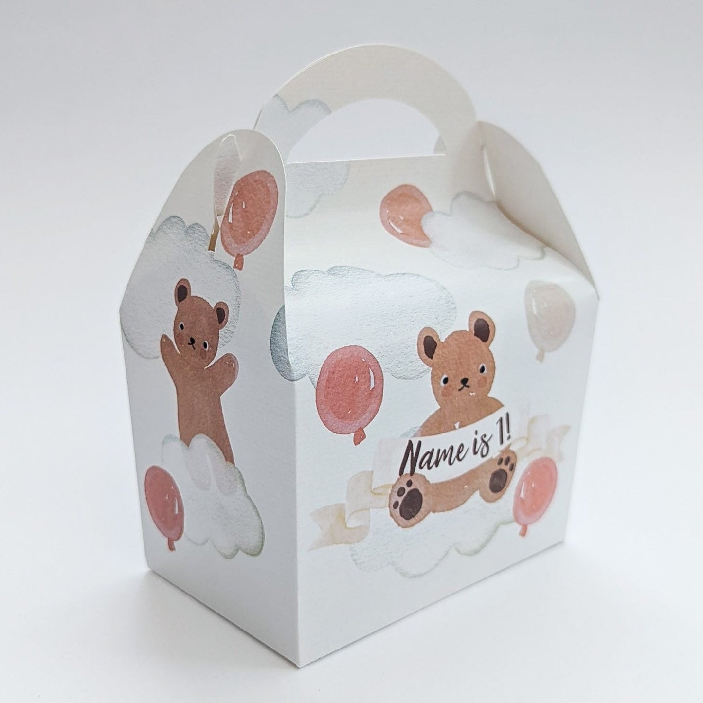 Watercolour Neutral Teddy Bears and Balloons Personalised Children’s Party Box Gift Bag Favour