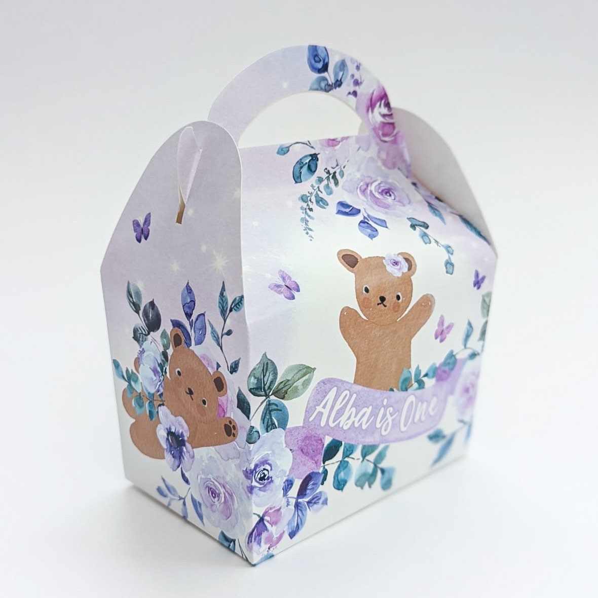 Watercolour Floral Purple Teddy Bears and Balloons Personalised Children’s Party Box Gift Bag Favour