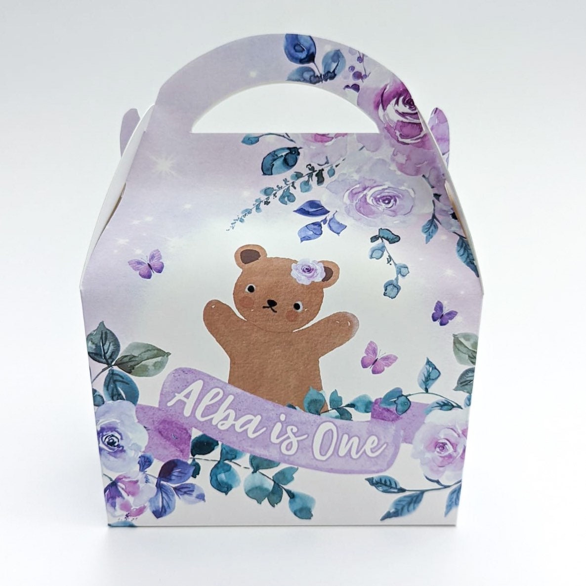 Watercolour Floral Purple Teddy Bears and Balloons Personalised Children’s Party Box Gift Bag Favour