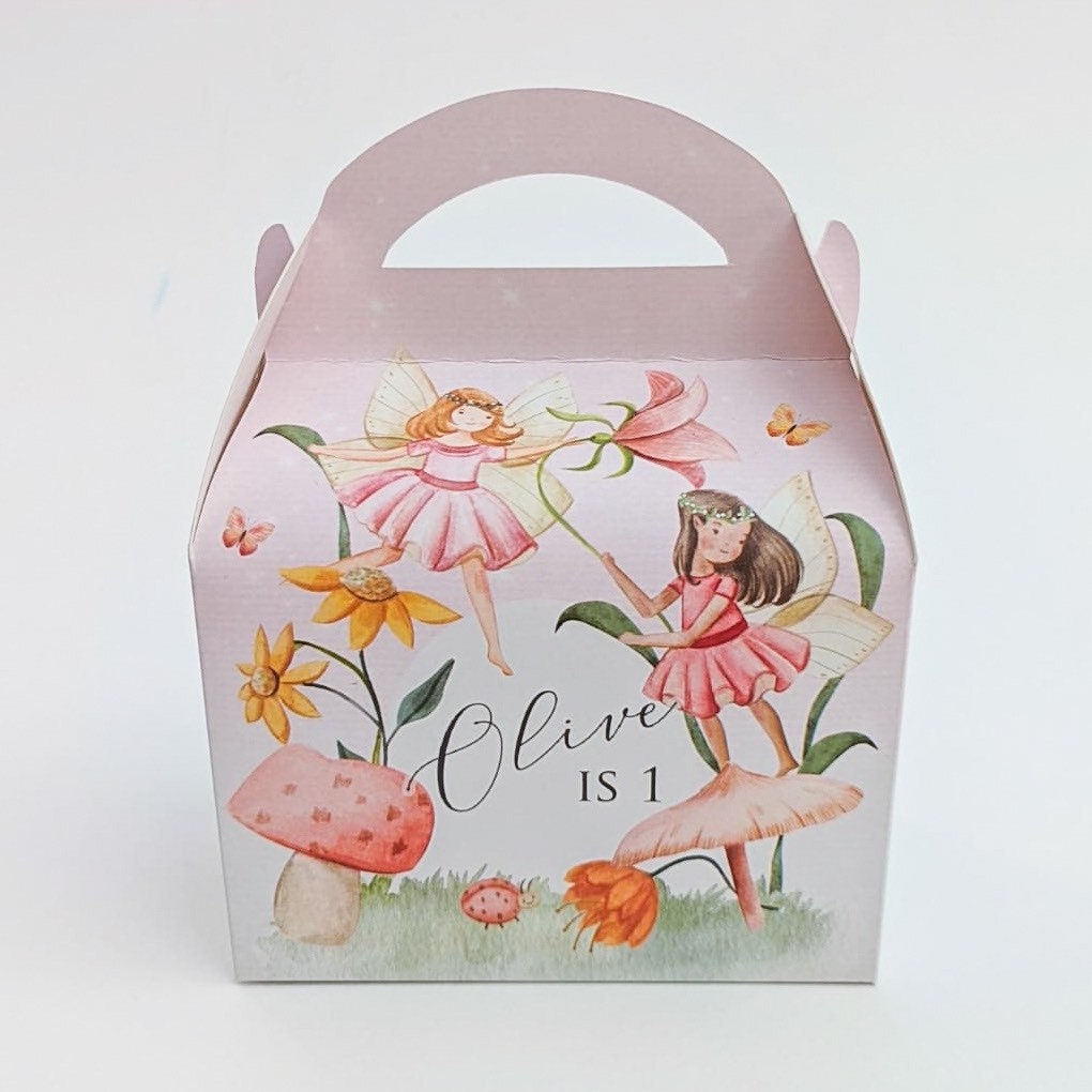Fairy fairies fairytales flowers Fantasy Watercolour Personalised Children’s Party Box Gift Bag Favour