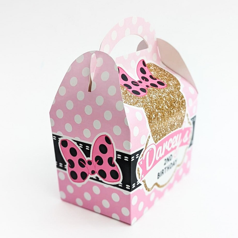 Pink and gold Minnie Mouse blue and gold Mickey Mouse  Personalised Children’s Party Box Gift Bag Favour