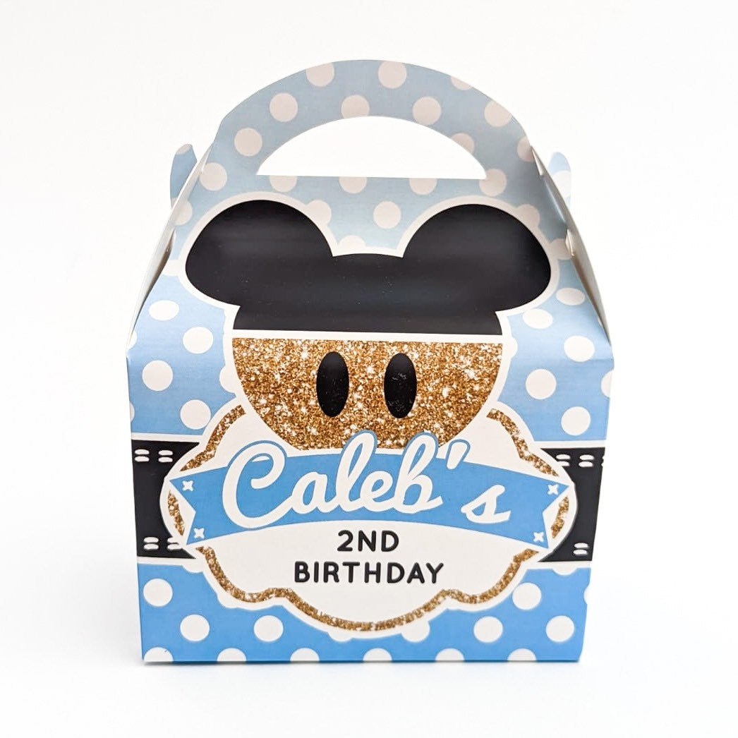 Pink and gold Minnie Mouse blue and gold Mickey Mouse  Personalised Children’s Party Box Gift Bag Favour