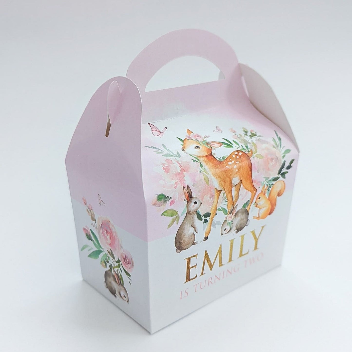 WOODLAND Forest Friends Floral animals Personalised Children’s Party Box Gift Bag Favour