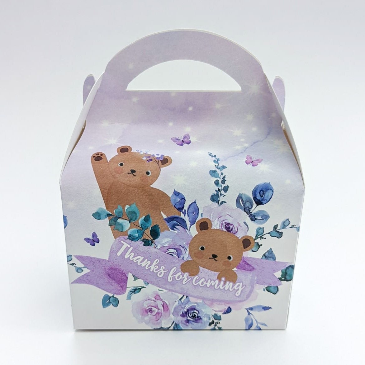 Watercolour Floral Purple Teddy Bears and Balloons Personalised Children’s Party Box Gift Bag Favour